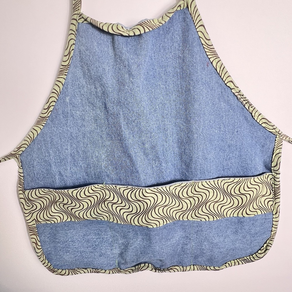 Vtg Handmade Denim Apron Green Wavy Trim and Pockets Child Sized Or Adult Torso